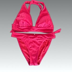 NWOT CUPSHE Ribbed Bikini 2 PC Cross Tie Top Low Waist Mid Banded Bottom Pink L